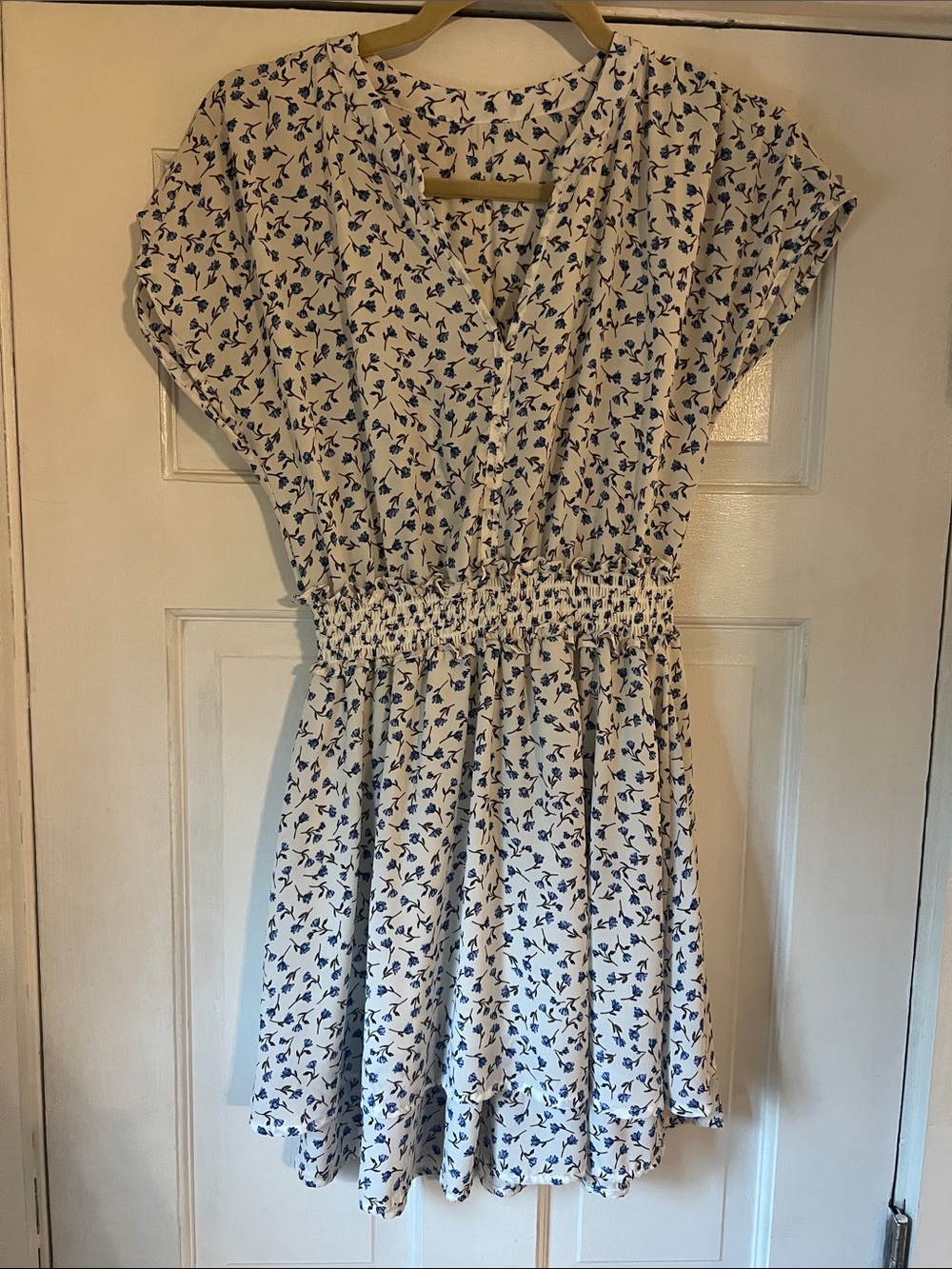 Girls White Floral Print Smocked Waist Dress